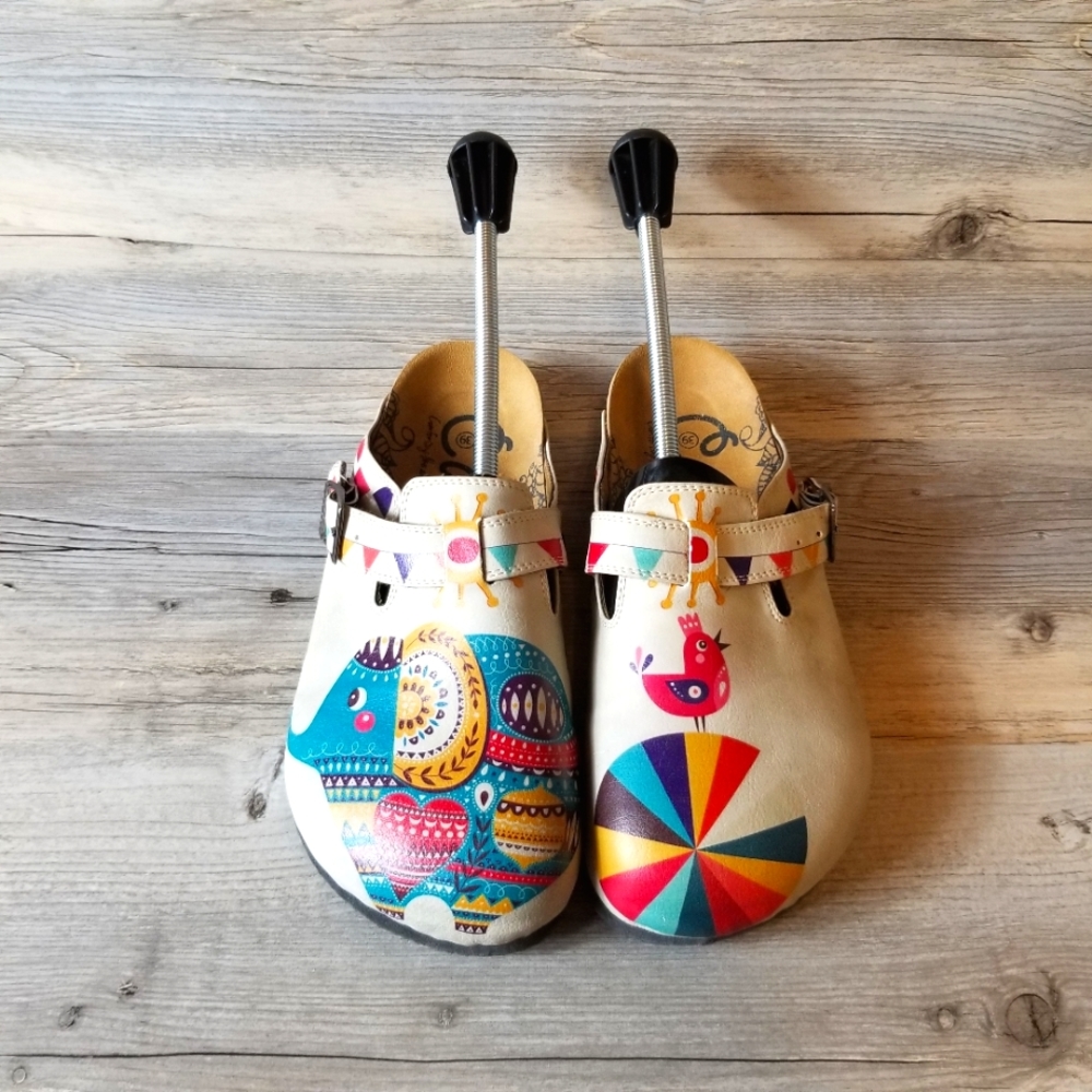 Calceo Elephant Print Cork Slip-On Mules